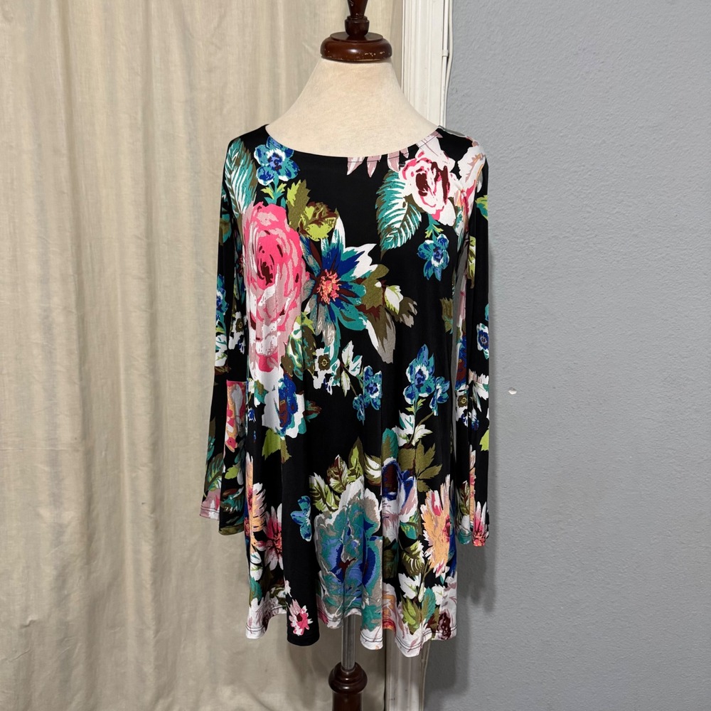 Veronica M Women Floral Print Long Flared‎ Sleeve Stretchy Tunic Top Size XS